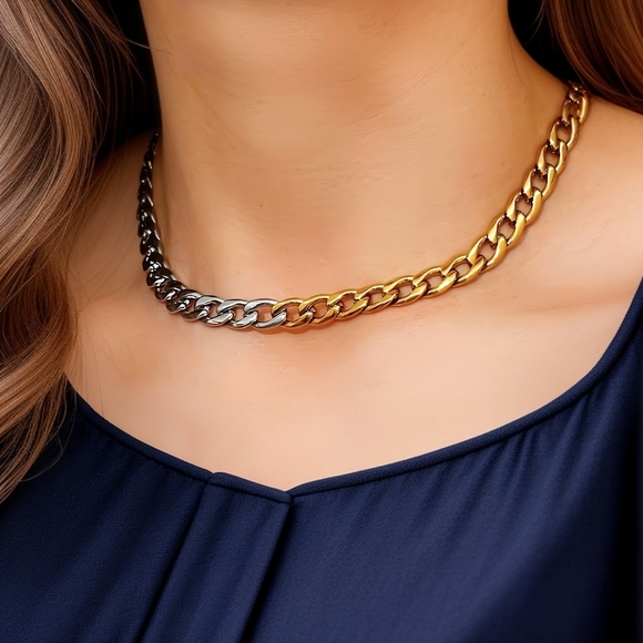 🆕️Two-Tone Trendy Cuban Link Choker Necklace | 18K Gold Plated Stainless Steel - Picture 1 of 16